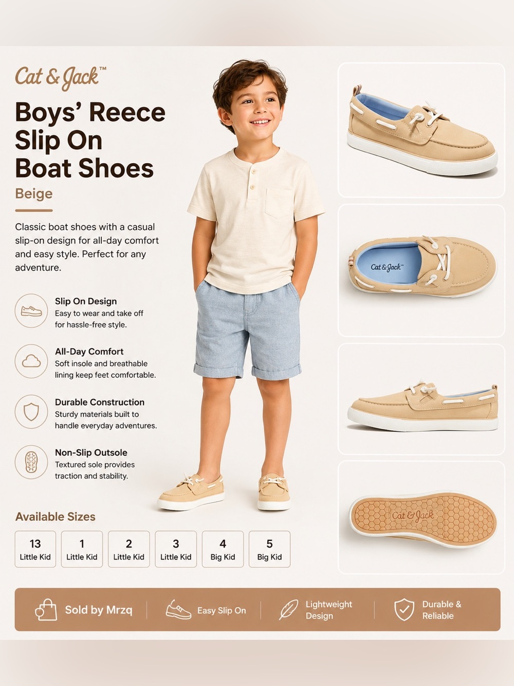 Cat & Jack Boys' Reece Slip-On Boat Shoes - Beige with White Sole